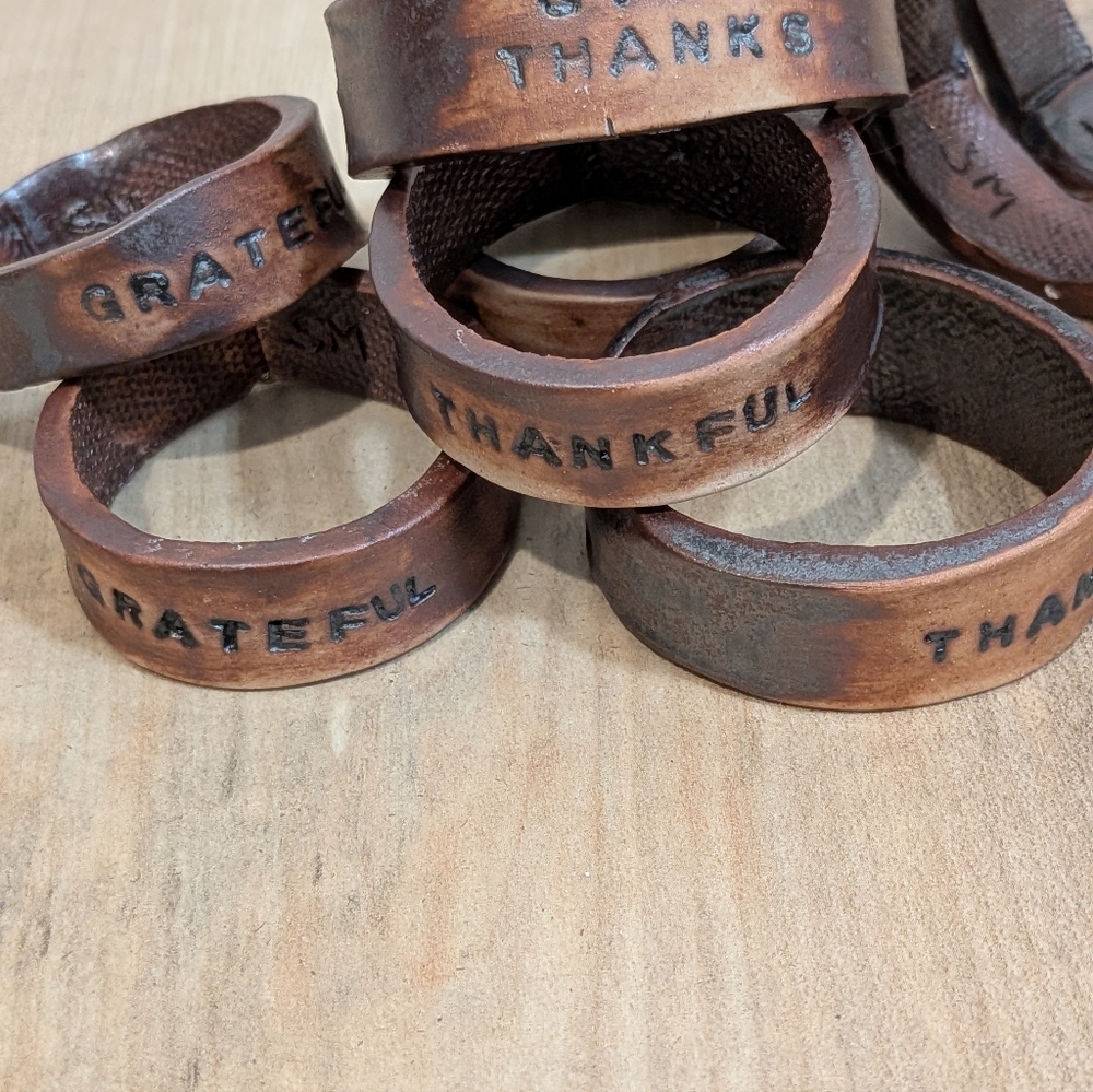 Set Of 8 Rustic Handmade Ceramic Gratitude Napkin Rings - Picture 8 of 9
